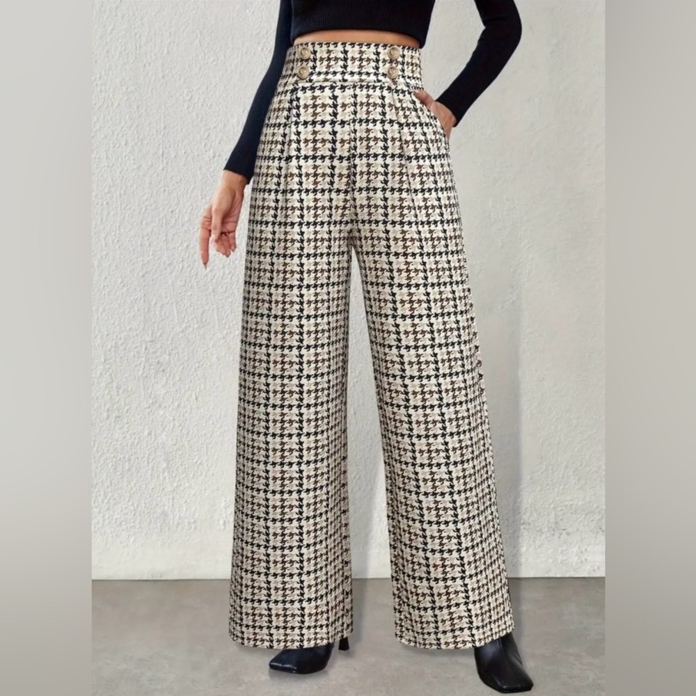 Houndstooth Print Wide Leg Pants, High-Waisted